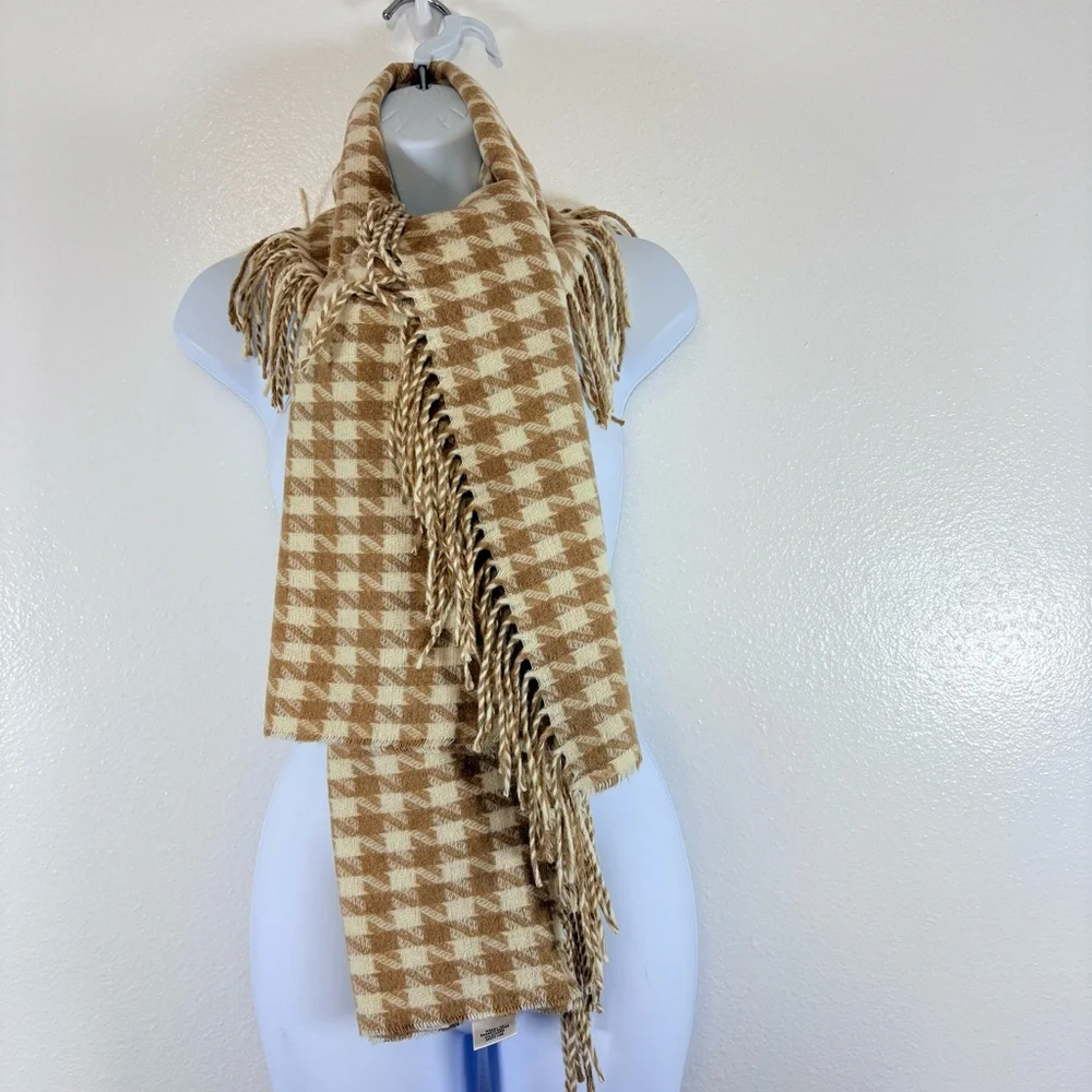 Talbots Made in Italy Houndstooth Wool Blend Fringe Scarf Wrap Preppy Timeless